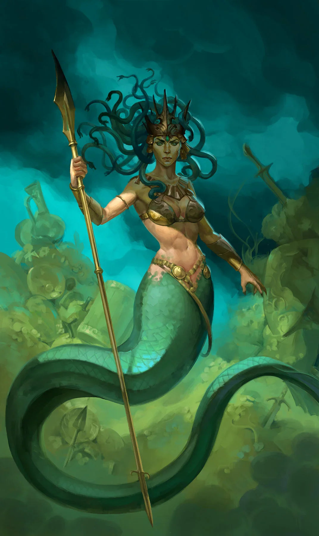 A fierce mermaid with green scales and gold armor defends treasures in Aquatica EN/DE by Cosmodrome Games, guarding sunken loot and shipwrecks beneath the waves in lost underwater kingdoms.