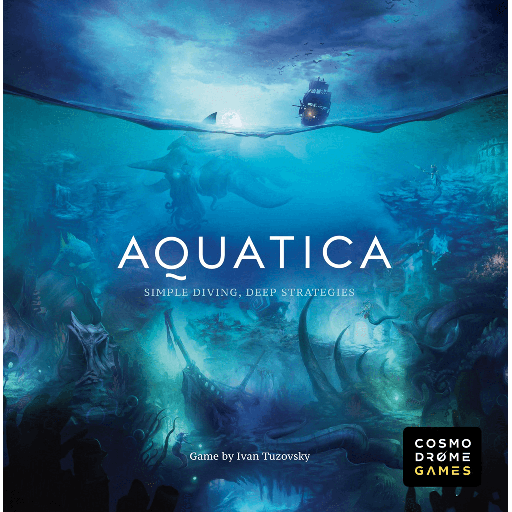 The cover of the Aquatica Bundle by Cosmodrome Games depicts a ship sailing over colorful underwater kingdoms filled with sea life and ruins. The text says: Aquatica Bundle. Simple diving, deep strategies.