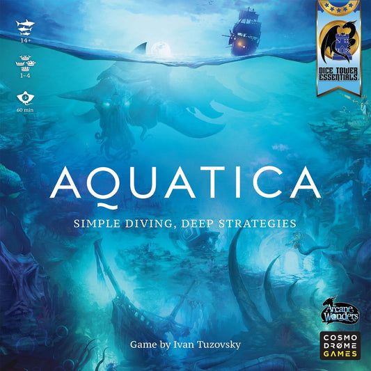 The Aquatica board game by Arcane Wonders features a cover with an underwater kingdom, ruins, sunken ship, giant sea creatures, and divers. Title and player info appear over a blue ocean background in this immersive family engine builder.
