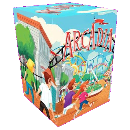 Ape Games’ Arcadia features a vibrant box with cartoon kids rushing toward an amusement park, reflecting the excitement of this theme park card game filled with rides, trees, and buildings.