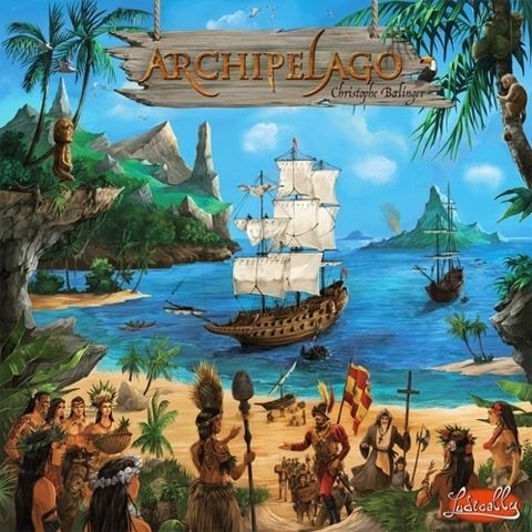Colorful illustration of an island with tropical plants, locals on the beach, and European explorers with a large ship—ideal for Renaissance strategy or negotiation games. A wooden sign displays Archipelago by Ludically.