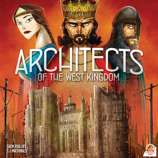 The cover for Architects of the West Kingdom by Renegade Game Studios shows three serious figures above a grand, half-built cathedral with scaffolding. The game's title appears prominently in the center.