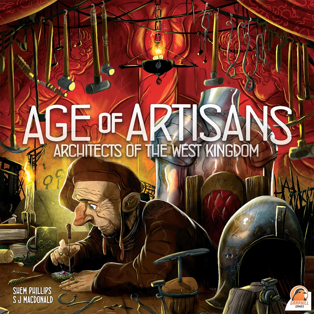 A medieval artisan sketches at a cluttered workbench beneath a red ornate ceiling, surrounded by tools and objects, with the text "Architects of the West Kingdom: Age of Artisans" from Renegade Game Studios.