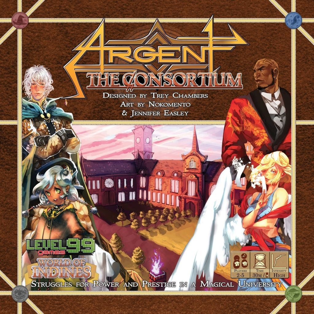 The cover of Argent: The Consortium (Second Edition) by Level 99 Games features a grand university with a clock tower, surrounded by four colorful fantasy characters amid magical elements and ornate gold accents.