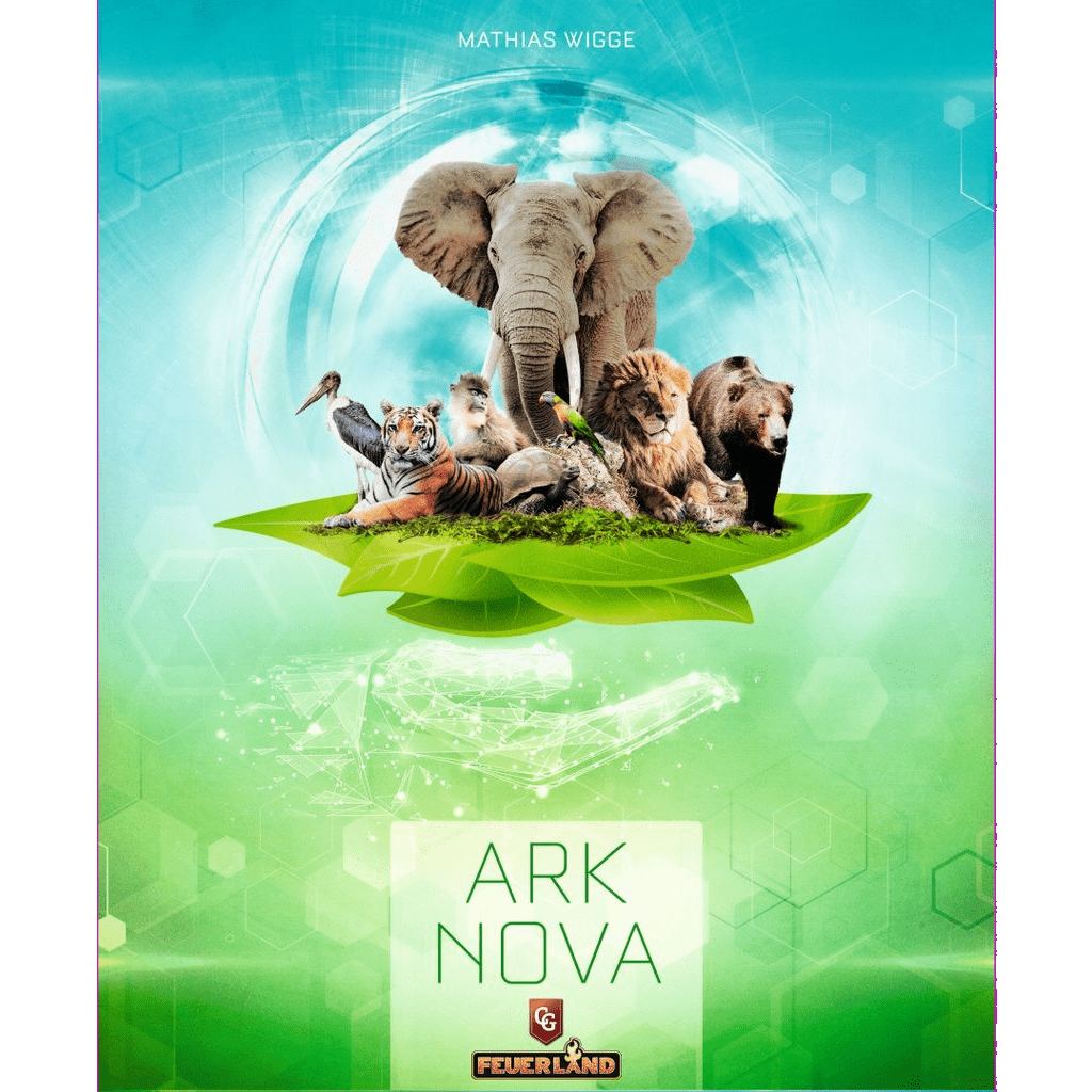 The cover of Feuerland Spiele's Ark Nova board game features an elephant, lion, tiger, bear, and birds on green leaves with a bright teal background. The game centers on exciting zoo conservation projects.