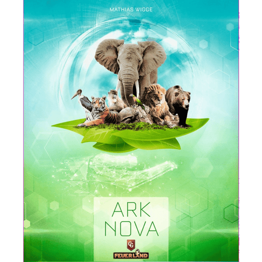 The cover of Feuerland Spiele's Ark Nova board game features an elephant, lion, tiger, bear, and birds on green leaves with a bright teal background. The game centers on exciting zoo conservation projects.