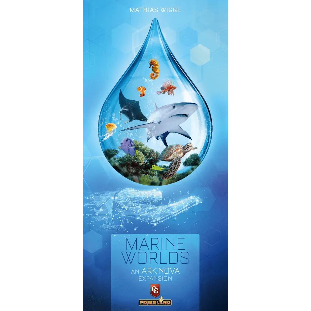 The Ark Nova: Marine Worlds Expansion by Feuerland Spiele features a game box with a large water droplet containing marine animals such as a shark, stingray, octopus, seahorse, and coral.