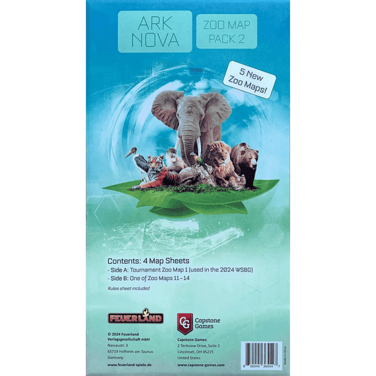 Box cover for Ark Nova: Zoo Map Pack Bundle by Feuerland Spiele, featuring elephant, giraffe, tiger, flamingo, kangaroo, and panda on blue. Showcases 5 new zoo maps with tournament boards plus contents and publisher logos.
