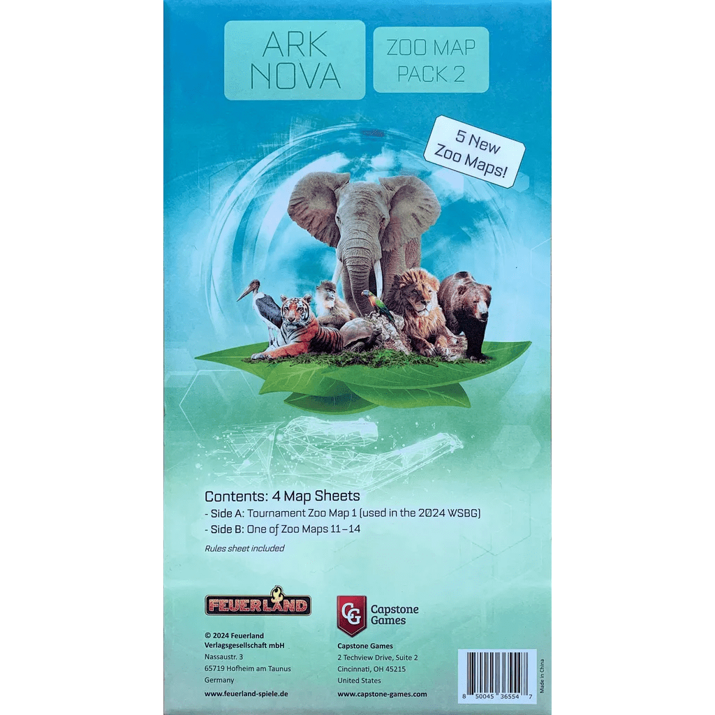 The image shows the back of the Ark Nova: Zoo Map Pack 2 box by Feuerland Spiele, featuring animals like an elephant and cheetah. It highlights 5 new zoo designs and contents, with publisher logos displayed at the bottom.