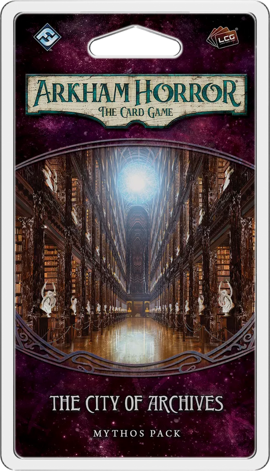 Arkham Horror: The Card Game – The City of Archives: Mythos Pack features an ornate library with towering bookshelves, statues, and a radiant overhead light.