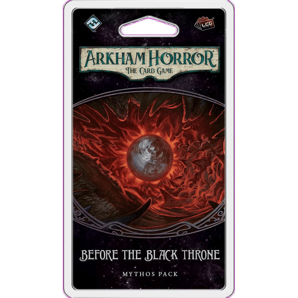 The packaging for Fantasy Flight Games' Arkham Horror: The Card Game: Before the Black Throne Mythos Pack shows a swirling red vortex with a shadowy figure and ominous eye, reflecting The Circle Undone’s eerie feel. The title appears at the top.