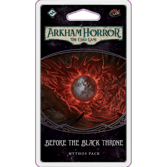 The packaging for Fantasy Flight Games' Arkham Horror: The Card Game: Before the Black Throne Mythos Pack shows a swirling red vortex with a shadowy figure and ominous eye, reflecting The Circle Undone’s eerie feel. The title appears at the top.