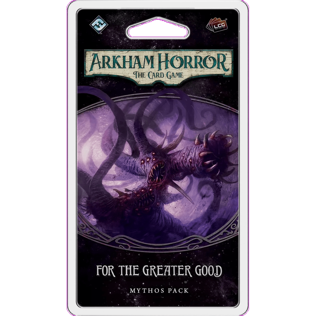 Discover the Arkham Horror: The Card Game: For the Greater Good Mythos Pack by Fantasy Flight Games, featuring a chilling tentacled creature with many mouths set against a dark, swirling backdrop.
