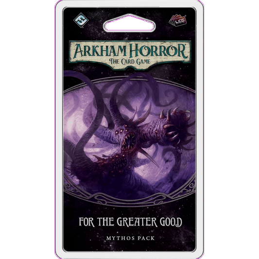 Discover the Arkham Horror: The Card Game: For the Greater Good Mythos Pack by Fantasy Flight Games, featuring a chilling tentacled creature with many mouths set against a dark, swirling backdrop.