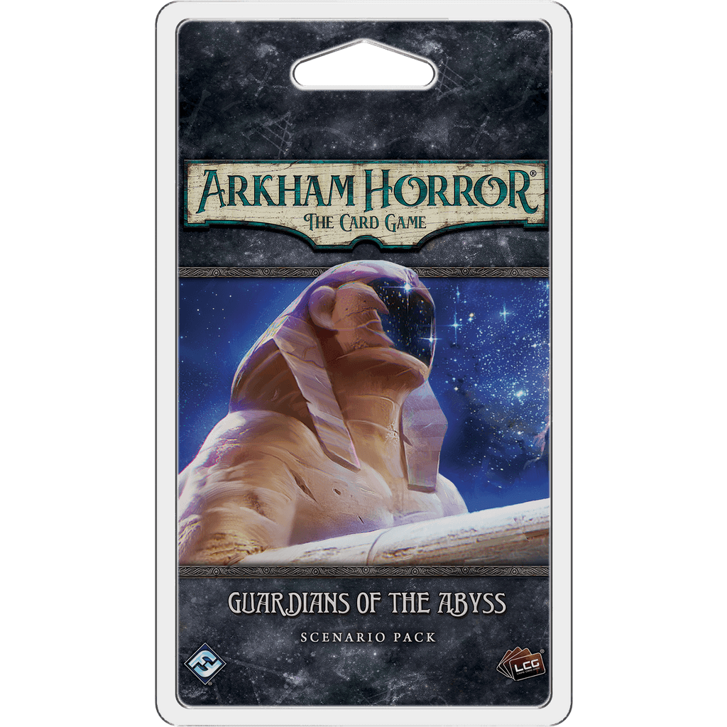 The Arkham Horror: The Card Game: Guardians of the Abyss Scenario Pack by Fantasy Flight Games draws you into an investigation in Egypt, with a stone sphinx beneath a starry night featured on its cover.
