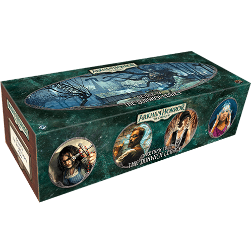 Store your scenario cards in this rectangular box for Arkham Horror: The Card Game: Return to the Dunwich Legacy Expansion by Fantasy Flight Games, featuring dark, mystical art and portraits of three characters on the side.