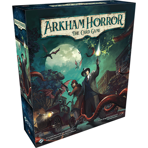The Arkham Horror: The Card Game Revised Core Set box by Fantasy Flight Games shows investigators confronting monstrous tentacles under a full moon, with an old car and eerie buildings, capturing Lovecraftian mystery.