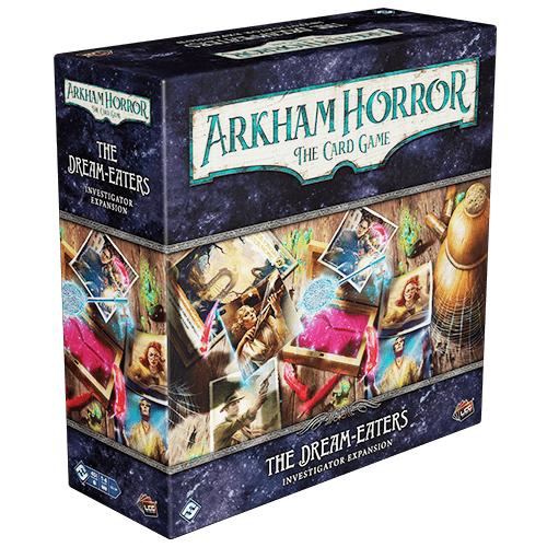 Store your Arkham Horror: The Card Game The Dream-Eaters Investigator Expansion by Fantasy Flight Games in a box featuring surreal art of mythical creatures, dreamlike scenes, and colorful characters against a dark, starry background.