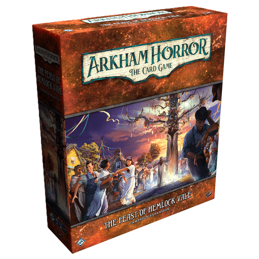 Box for Fantasy Flight Games' Arkham Horror: The Card Game The Feast of Hemlock Vale Campaign Expansion, depicting villagers at a rural festival on Hemlock Isle with dark clouds and mysterious figures in the background.