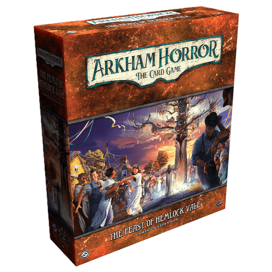 Box for Fantasy Flight Games' Arkham Horror: The Card Game The Feast of Hemlock Vale Campaign Expansion, depicting villagers at a rural festival on Hemlock Isle with dark clouds and mysterious figures in the background.