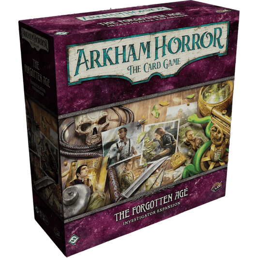 The Arkham Horror: The Card Game The Forgotten Age Investigator Expansion by Fantasy Flight Games features detailed investigator decks and ancient relics, with jungle scenes on a boxed cover set against a purple cosmic backdrop.
