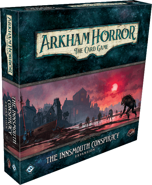 The box for Arkham Horror: The Card Game: The Innsmouth Conspiracy Expansion by Fantasy Flight Games features cover art depicting a coastal town at sunset with ominous creatures lurking nearby.