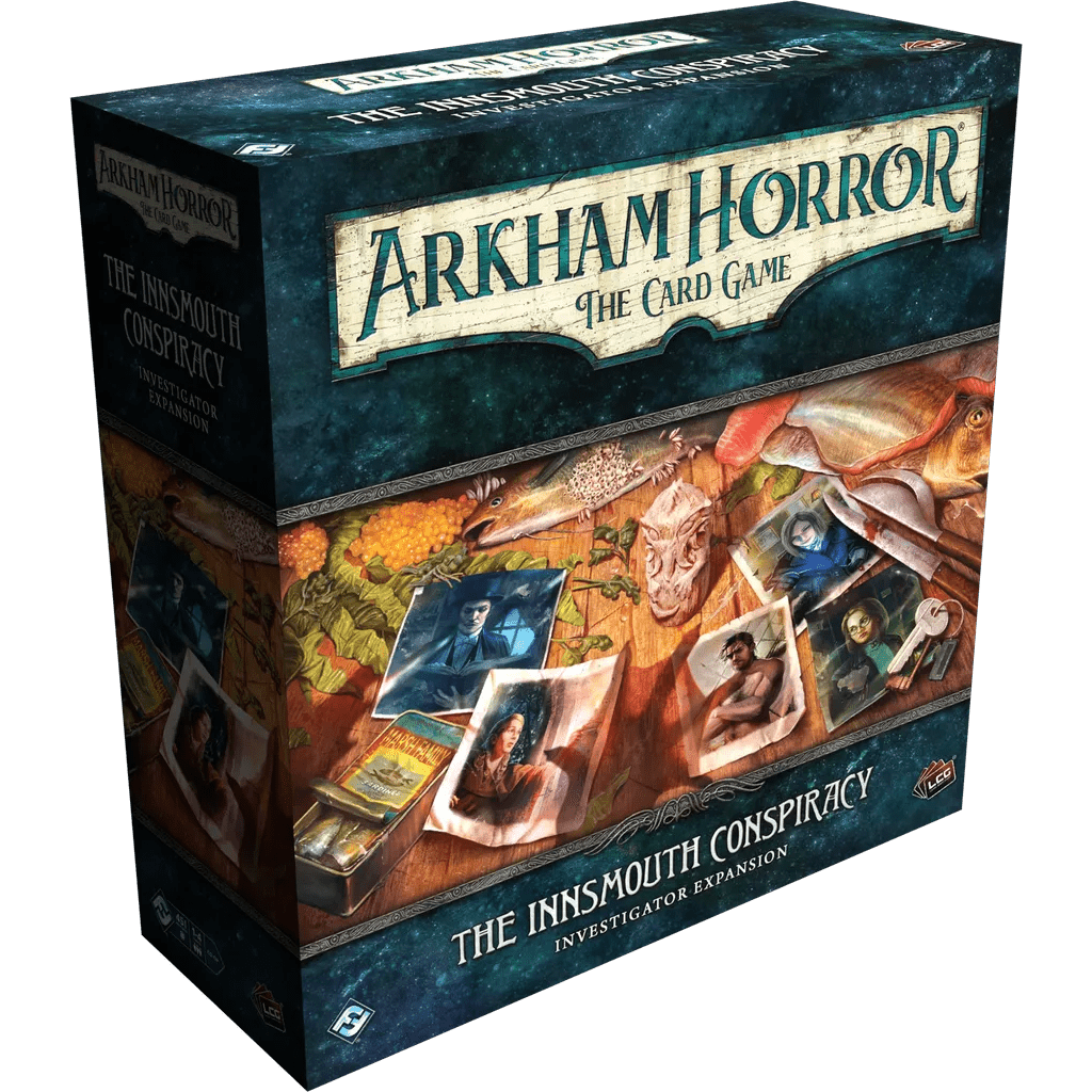 The Arkham Horror: The Card Game: The Innsmouth Conspiracy Investigator Expansion by Fantasy Flight Games features striking cover art, with investigator cards, maps, and clues displayed across a table.