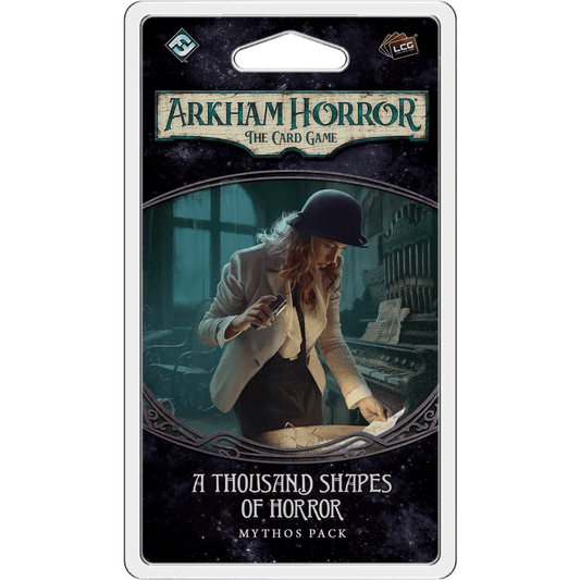 Arkham Horror: The Card Game – A Thousand Shapes of Horror: Mythos Pack by Fantasy Flight Games features a woman in period clothing investigating a desk with a flashlight.
