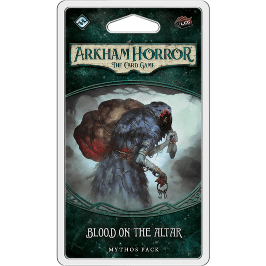 Arkham Horror: The Card Game – Blood on the Altar: Mythos Pack by Fantasy Flight Games depicts a monstrous, hunched figure with a sack and clawed hands, set in a dark, foggy scene.