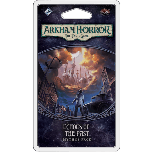 The Arkham Horror: The Card Game – Echoes of the Past: Mythos Pack by Fantasy Flight Games features a cover with a detective looking at a glowing mansion above shadowy city streets and an old car.
