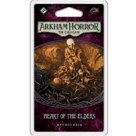 The Arkham Horror: The Card Game – Heart of the Elders: Mythos Pack by Fantasy Flight Games features a skeletal, masked figure surrounded by shadowy tentacles in a sinister mountain setting.