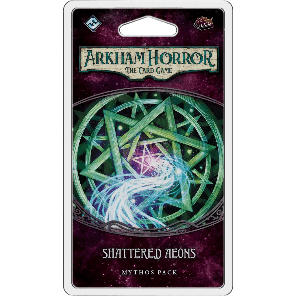 Arkham Horror: The Card Game – Shattered Aeons: Mythos Pack by Fantasy Flight Games is part of The Forgotten Age cycle, with a green arcane symbol and swirling white-blue energy set against a dark purple background.