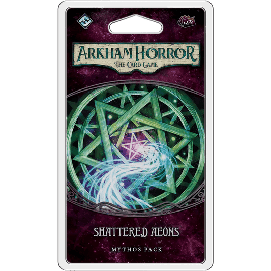 Arkham Horror: The Card Game – Shattered Aeons: Mythos Pack by Fantasy Flight Games is part of The Forgotten Age cycle, with a green arcane symbol and swirling white-blue energy set against a dark purple background.