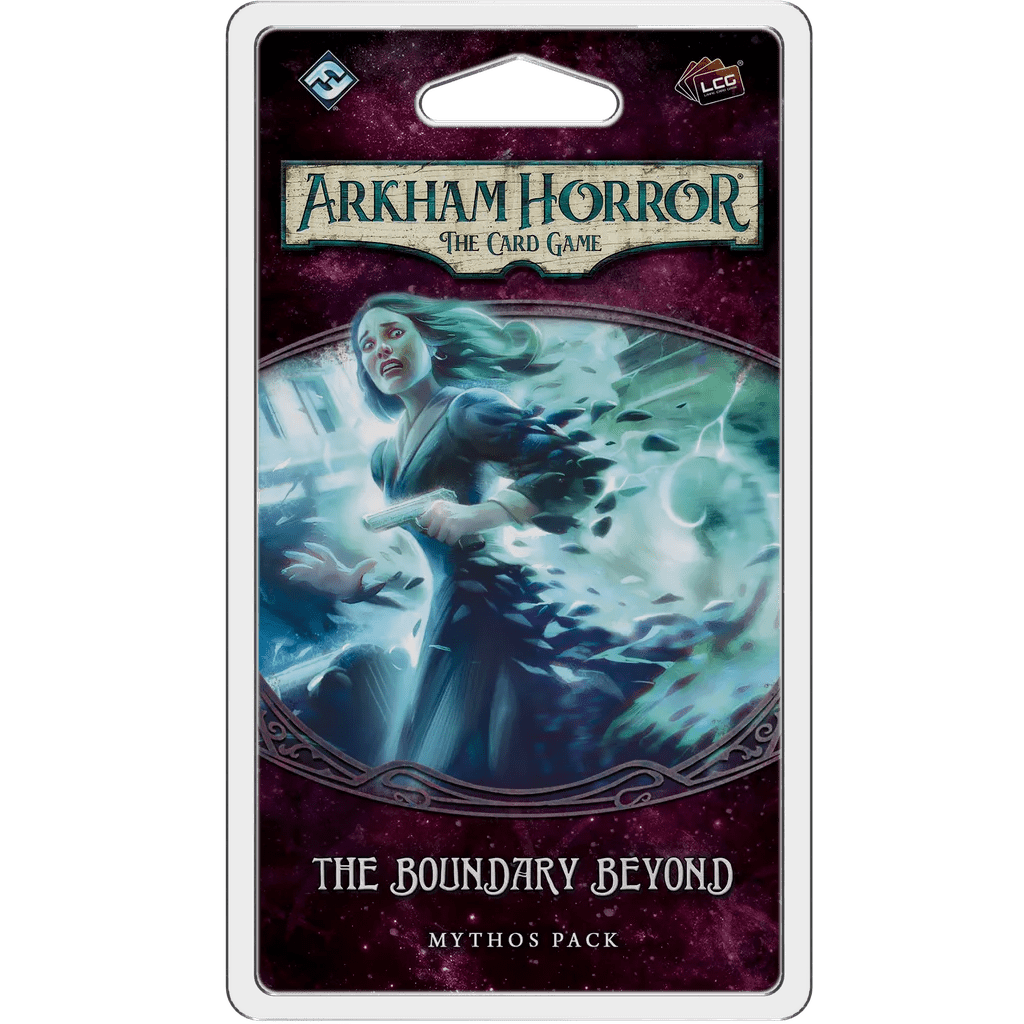 Fantasy Flight Games’ Arkham Horror: The Card Game – The Boundary Beyond: Mythos Pack features mystical art of a frightened woman amid swirling black shapes, with ancient Aztec ruins hinted at in the background.