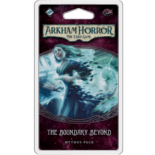 Fantasy Flight Games’ Arkham Horror: The Card Game – The Boundary Beyond: Mythos Pack features mystical art of a frightened woman amid swirling black shapes, with ancient Aztec ruins hinted at in the background.