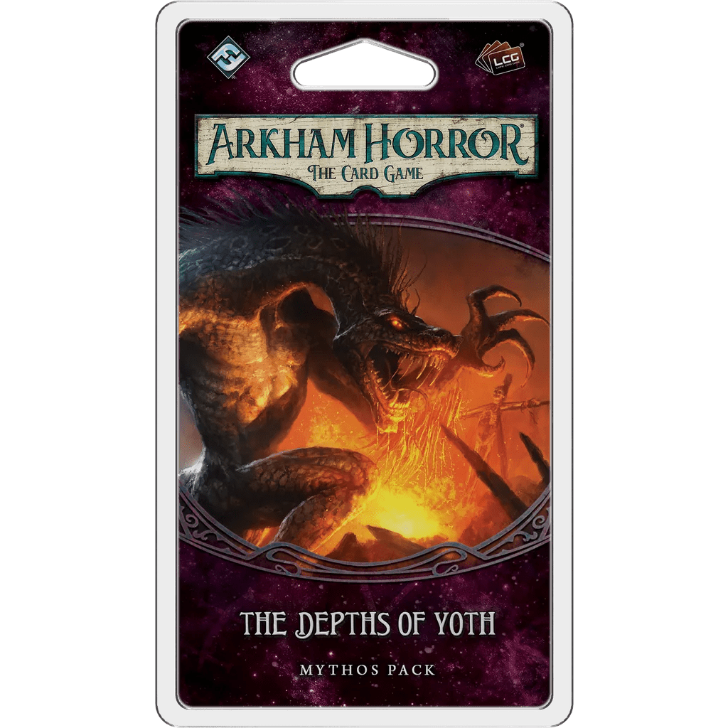 The Arkham Horror: The Card Game – The Depths of Yoth: Mythos Pack by Fantasy Flight Games features cover art of a fierce, dragon-like monster with sharp claws and glowing eyes rising from flames.
