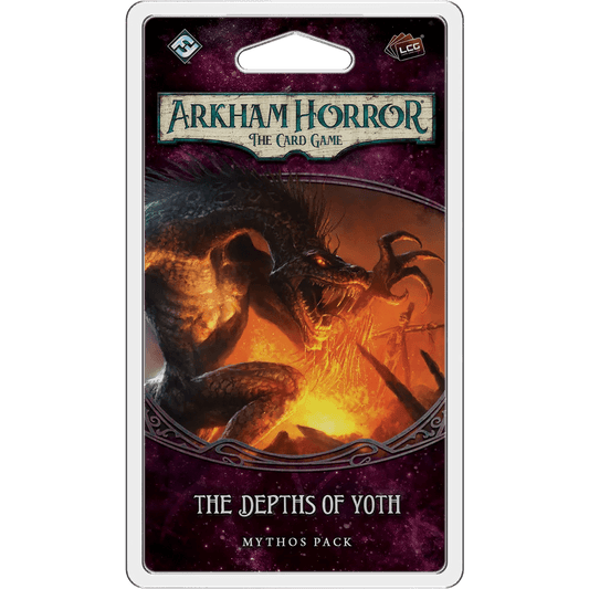 The Arkham Horror: The Card Game – The Depths of Yoth: Mythos Pack by Fantasy Flight Games features cover art of a fierce, dragon-like monster with sharp claws and glowing eyes rising from flames.