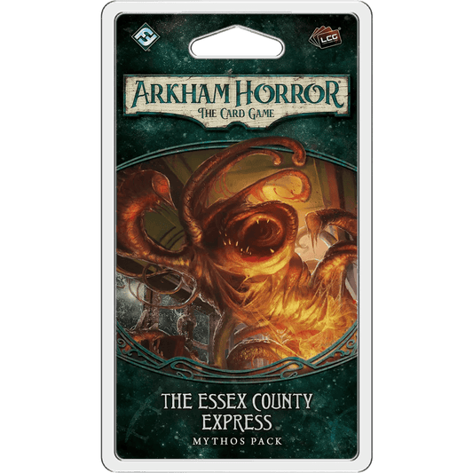 The packaging for Fantasy Flight Games’ Arkham Horror: The Card Game – The Essex County Express: Mythos Pack showcases the Dunwich Legacy, with a tentacled monster attacking a train and the product name framing the dramatic artwork.