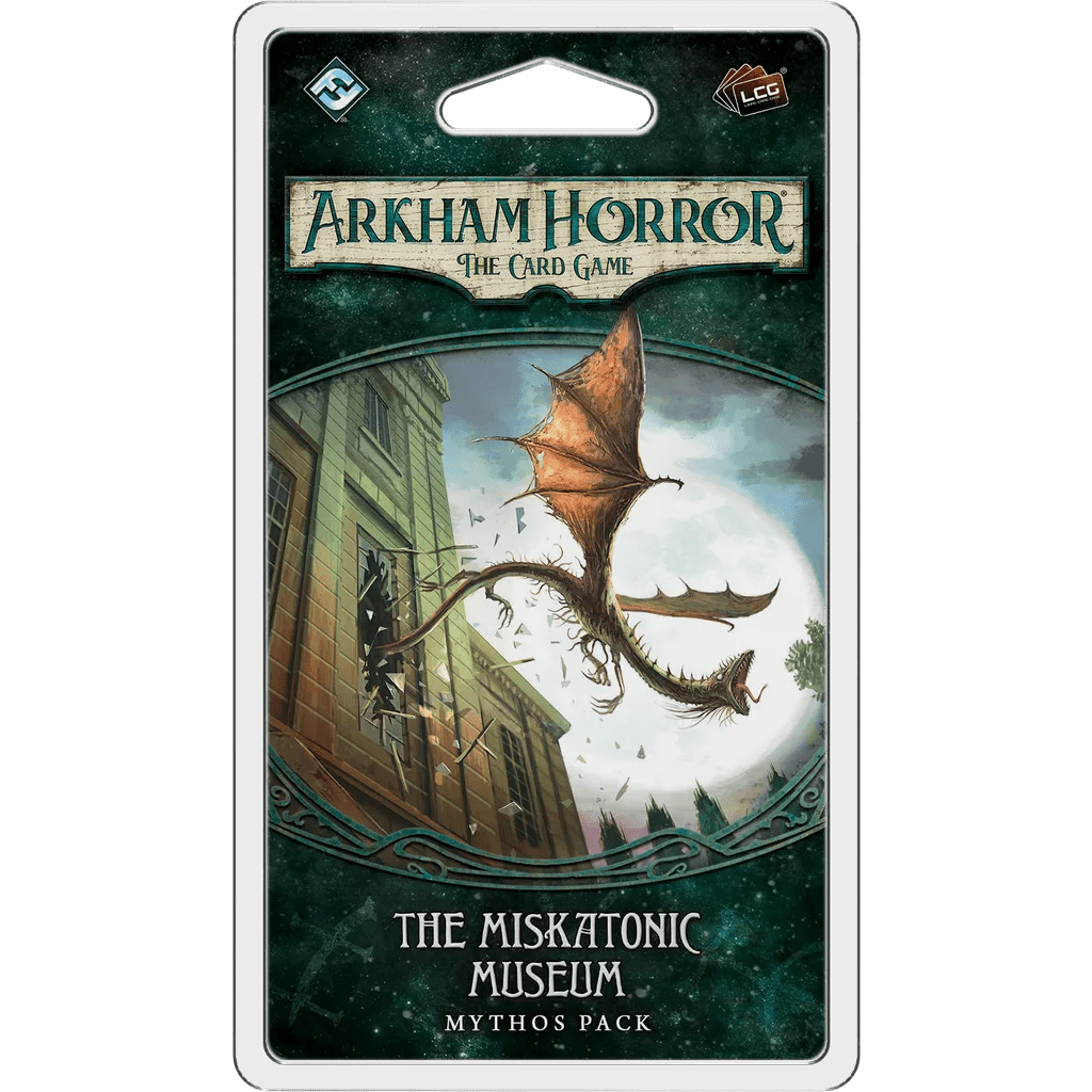 The Fantasy Flight Games Arkham Horror: The Card Game – The Miskatonic Museum: Mythos Pack, part of the Dunwich Legacy cycle, features a winged creature soaring outside a building with broken windows and swirling leaves.