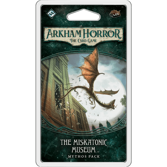 The Fantasy Flight Games Arkham Horror: The Card Game – The Miskatonic Museum: Mythos Pack, part of the Dunwich Legacy cycle, features a winged creature soaring outside a building with broken windows and swirling leaves.