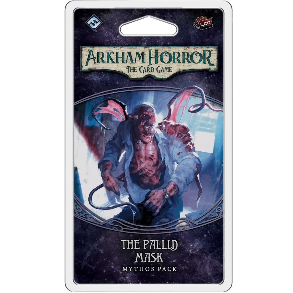 The Arkham Horror: The Card Game – The Pallid Mask: Mythos Pack from Fantasy Flight Games features dark, eerie art of The King in Yellow—muscular and glowing-eyed—set against a sinister, purple-tinged background.