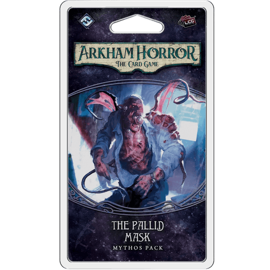 The Arkham Horror: The Card Game – The Pallid Mask: Mythos Pack from Fantasy Flight Games features dark, eerie art of The King in Yellow—muscular and glowing-eyed—set against a sinister, purple-tinged background.