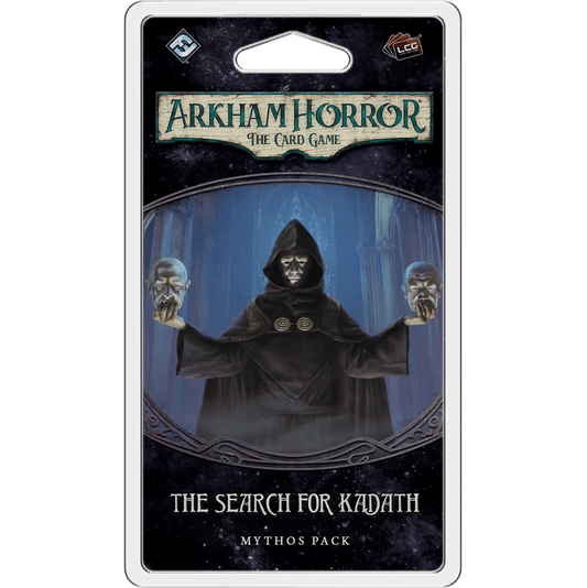 Fantasy Flight Games’ Arkham Horror: The Card Game – The Search for Kadath: Mythos Pack features a hooded figure with two masks against a dark, gothic backdrop, part of The Dream-Eaters cycle.