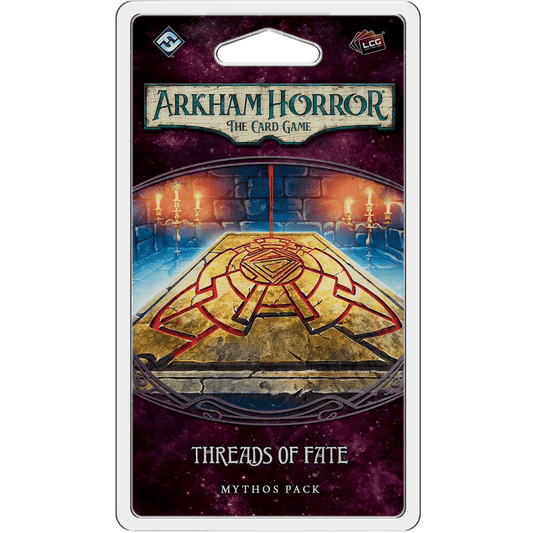 The image displays the packaging for Fantasy Flight Games' Arkham Horror: The Card Game – Threads of Fate: Mythos Pack, featuring a mysterious stone altar marked with a red symbol, glowing candles, and a cosmic background.