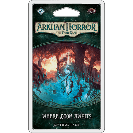 Arkham Horror: The Card Game – Where Doom Awaits: Mythos Pack by Fantasy Flight Games is part of The Dunwich Legacy cycle and features eerie cover art of a twisted forest with a glowing blue light and spiral path.