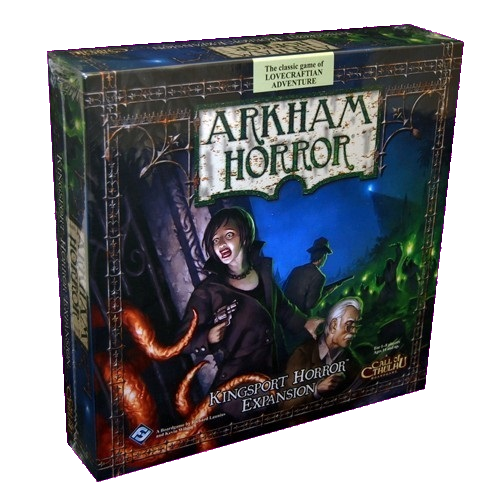 The Arkham Horror Kingsport Horror Expansion by Fantasy Flight Games features eerie artwork inspired by H.P. Lovecraft’s Cthulhu Mythos, with shadowy figures, tentacles, and a haunted atmosphere as the Ancient Ones threaten Arkham.