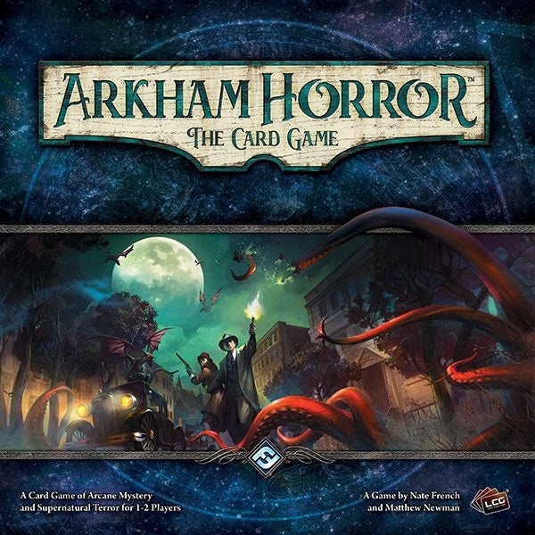Cover art for Fantasy Flight Games’ Arkham Horror: The Card Game evokes Lovecraftian mystery as investigators confront red tentacles in a shadowy city, with a vintage car and glowing streetlights amplifying the suspenseful atmosphere.