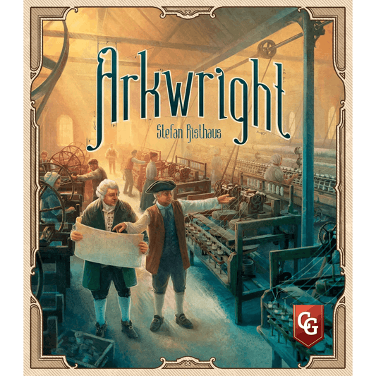 An 18th-century factory scene features two men discussing blueprints amid bustling machinery and workers, capturing the world of Capstone Games’ "Arkwright Anniversary Edition." The game's title appears at the top.