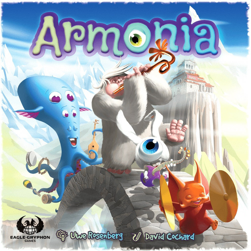 Vibrant cover art for Armonia by Eagle-Gryphon Games shows a white furry creature playing a flute, a blue octopus, and a red creature with cymbals in the Sagani universe, with a mountain house in the background.