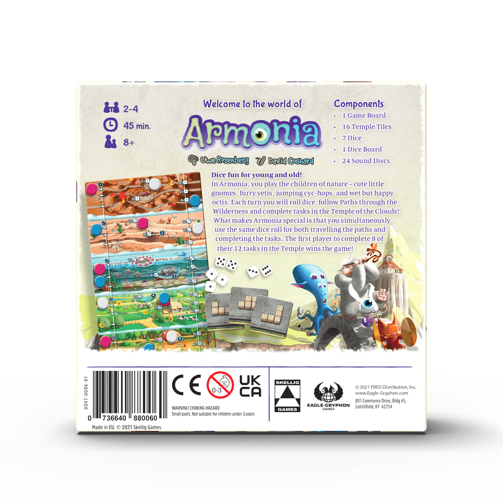 The back of the Armonia box by Eagle-Gryphon Games shows vibrant components—game board, dice, tokens, and characters—with a description and contents list on a white background. For 2-4 players ages 8+. Set in the Sagani universe.